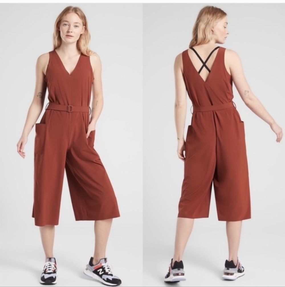 Athleta Sarasota Jumpsuit XS Terracotta Rust Wide Leg Cropped Belted Travel